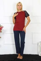Penye Kolu Dantelli Kısa Kollu Kadın Pijama Takım Akbeniz 4149 Bordo
