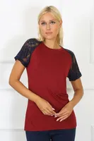 Penye Kolu Dantelli Kısa Kollu Kadın Pijama Takım Akbeniz 4149 Bordo farklı açı