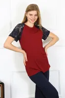 Penye Kolu Dantelli Kısa Kollu Kadın Pijama Takım Akbeniz 4149 Bordo görsel 5