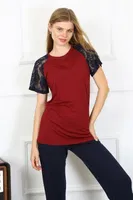 Penye Kolu Dantelli Kısa Kollu Kadın Pijama Takım Akbeniz 4149 Bordo görsel 6