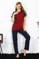 Penye Kolu Dantelli Kısa Kollu Kadın Pijama Takım Akbeniz 4149 Bordo görsel 7