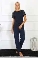 Kısa Kollu Dantelli Kadın Penye Pijama Takım Akbeniz 4150 Lacivert