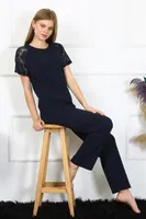 Kısa Kollu Dantelli Kadın Penye Pijama Takım Akbeniz 4150 Lacivert görsel 5