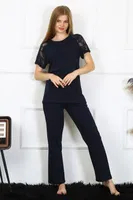 Kısa Kollu Dantelli Kadın Penye Pijama Takım Akbeniz 4150 Lacivert görsel 6