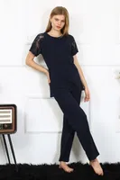 Kısa Kollu Dantelli Kadın Penye Pijama Takım Akbeniz 4150 Lacivert görsel 7
