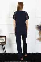 Kısa Kollu Dantelli Kadın Penye Pijama Takım Akbeniz 4150 Lacivert görsel 8