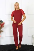 Bordo Kolu Dantelli Kadın Penye Pijama Takım Akbeniz 4152 Bordo