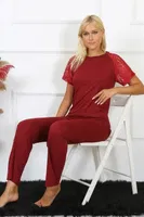 Bordo Kolu Dantelli Kadın Penye Pijama Takım Akbeniz 4152 Bordo farklı açı