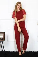 Bordo Kolu Dantelli Kadın Penye Pijama Takım Akbeniz 4152 Bordo görsel 5