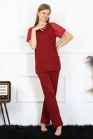 Bordo Kolu Dantelli Kadın Penye Pijama Takım Akbeniz 4152 Bordo görsel 6