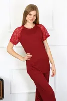 Bordo Kolu Dantelli Kadın Penye Pijama Takım Akbeniz 4152 Bordo görsel 7