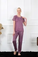Kısa Kollu Yakası Düğmeli Kalpli Kadın Pijama Takım Akbeniz 20388 Mürdüm