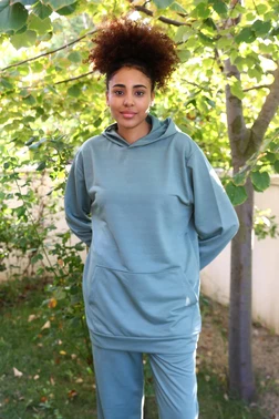 Akbeniz Kanguru Cepli Kapşonlu 3 İplik Mavi Kadın Eşofman Takım Akbeniz 9037 - Alternatif Görünüm