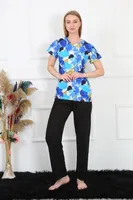 Yuvarlak Yaka Desenli Penye Kısa Kol Kadın Pijama Takım Akbeniz 4142 Saks