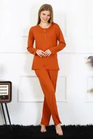 Patlı Kadın Penye Uzun Kollu Pijama Takım Akbeniz 4168 Kiremit
