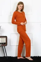 Patlı Kadın Penye Uzun Kollu Pijama Takım Akbeniz 4168 Kiremit detay görünüm