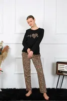 Uzun Kollu Leopar Penye Uzun Kol Pijama Takım Akbeniz 4129 Siyah