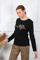 Uzun Kollu Leopar Penye Uzun Kol Pijama Takım Akbeniz 4129 Siyah detay görünüm