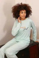 Önü Yazılı Kadın Penye Uzun Kollu Pijama Takım Akbeniz 4188 Su Yeşili