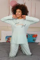Önü Yazılı Kadın Penye Uzun Kollu Pijama Takım Akbeniz 4188 Su Yeşili detay görünüm