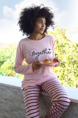 Akbeniz Penye Altı Çizgili Uzun Kollu Kadın Pijama Takım Akbeniz 4190