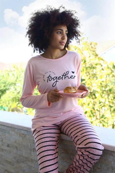 Penye Altı Çizgili Uzun Kollu Kadın Pijama Takım Akbeniz 4190
