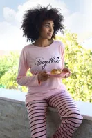 Penye Altı Çizgili Uzun Kollu Kadın Pijama Takım Akbeniz 4190 Pembe