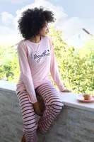 Penye Altı Çizgili Uzun Kollu Kadın Pijama Takım Akbeniz 4190 Pembe detay görünüm