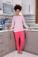 Enine Çizgili Uzun Kollu 3 İplik Kadın Pijama Takım Akbeniz 4179 Beyaz detay görünüm