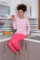 Enine Çizgili Uzun Kollu 3 İplik Kadın Pijama Takım Akbeniz 4179 Beyaz farklı açı