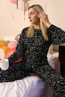 Siyah Yuvarlak Yaka Uzun Kollu 3 İplik Penye Pijama Takım Akbeniz 4180 Siyah