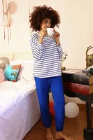 Uzun Kollu 3 İplik Çizgili Kadın Penye Pijama Takım Akbeniz 4185 Beyaz detay görünüm