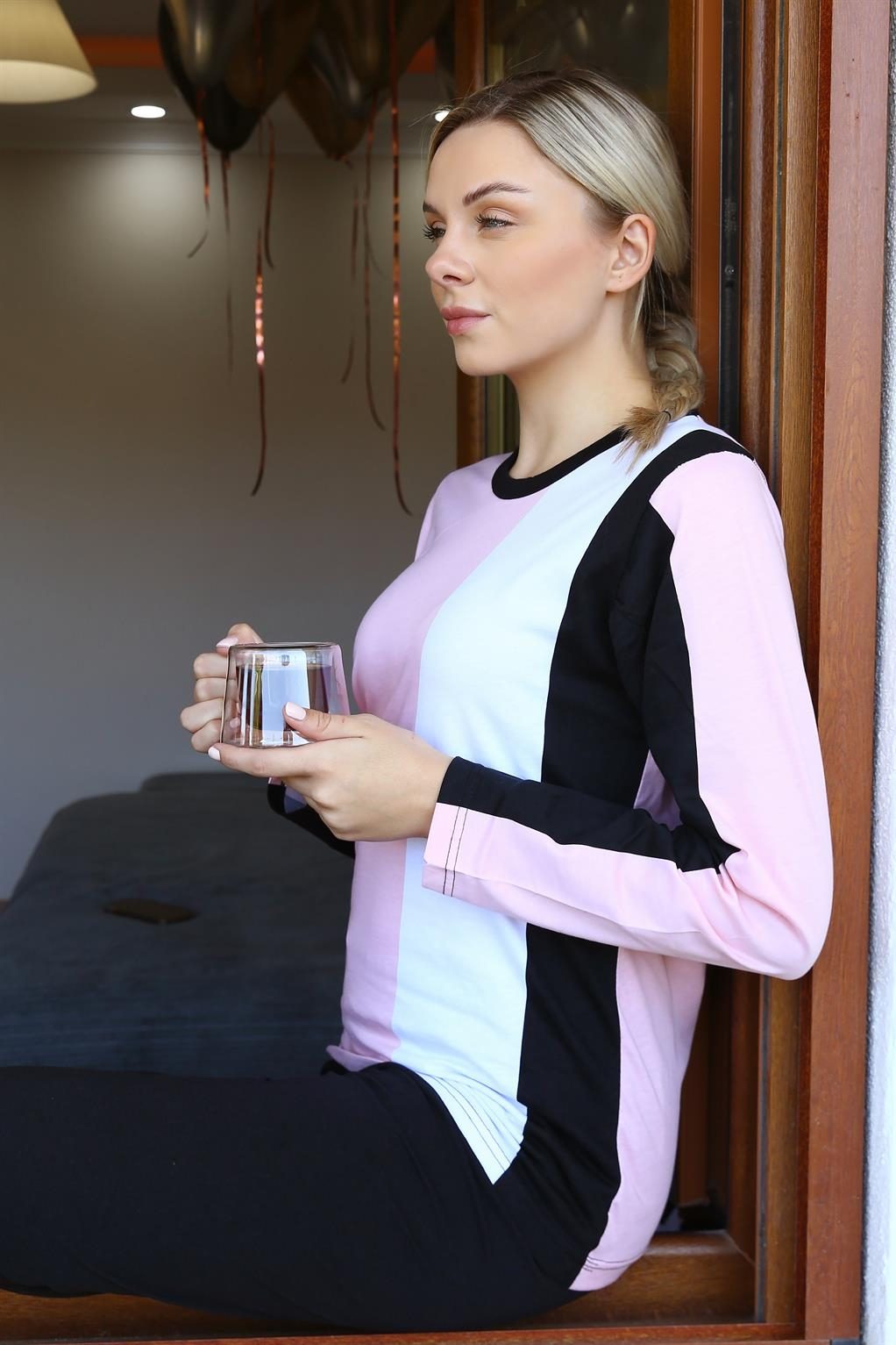 Penye Kadın Uzun Kollu Çizgili Pijama Takım Akbeniz 4173