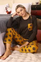 Uzun Kollu Yakası Cepli Penye Kadın Pijama Takım Akbeniz 4192 Kahve detay görünüm