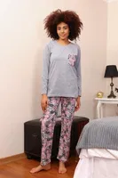 Bisiklet Yaka Uzun Kollu Çiçekli Kadın Penye Pijama Takım Akbeniz 4195 Gri farklı açı