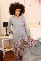Bisiklet Yaka Uzun Kollu Çiçekli Kadın Penye Pijama Takım Akbeniz 4195 Gri görsel 5