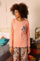 Yakası Cepli Çiçekli Uzun Kol Kadın Penye Pijama Takım Akbeniz 4196 Yavruağzı detay görünüm