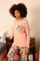 Yakası Cepli Çiçekli Uzun Kol Kadın Penye Pijama Takım Akbeniz 4196 Yavruağzı farklı açı