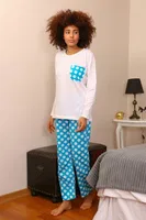 Uzun Kollu Penye Puantiyeli Kadın Pijama Takım Akbeniz 4197 Beyaz detay görünüm