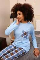 Uzun Kollu Ekoseli Penye Kadın Pijama Takım Akbeniz 4198 Mavi detay görünüm