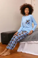Uzun Kollu Ekoseli Penye Kadın Pijama Takım Akbeniz 4198 Mavi görsel 4