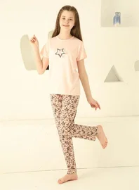 Akbeniz Yıldız Baskılı Pamuklu Kısa Kollu Kız Çocuk Pijama Takımı Akbeniz 20364
