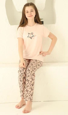 Akbeniz Yıldız Baskılı Pamuklu Kısa Kollu Kız Çocuk Pijama Takımı Akbeniz 20364 - Alternatif Görünüm