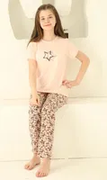 Yıldız Baskılı Pamuklu Kısa Kollu Kız Çocuk Pijama Takımı Akbeniz 20364 Somon detay görünüm