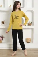 Yazılı Uzun Kollu Kız Çocuk Penye Pijama Takım Akbeniz 20420 Sarı