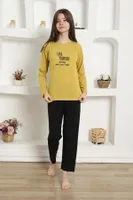 Yazılı Uzun Kollu Kız Çocuk Penye Pijama Takım Akbeniz 20420 Sarı görsel 4
