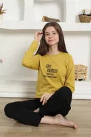 Yazılı Uzun Kollu Kız Çocuk Penye Pijama Takım Akbeniz 20420 Sarı görsel 6