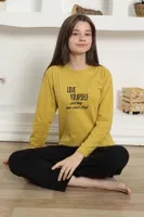 Yazılı Uzun Kollu Kız Çocuk Penye Pijama Takım Akbeniz 20420 Sarı görsel 7
