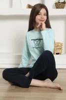 Kız Çocuk Kelebekli Penye Pijama Takım Akbeniz 20421 Su Yeşili görsel 7