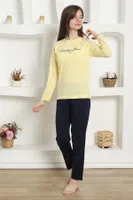 Kız Çocuk Yazılı Penye Uzun Kollu Pijama Takım Akbeniz 20422 Sarı